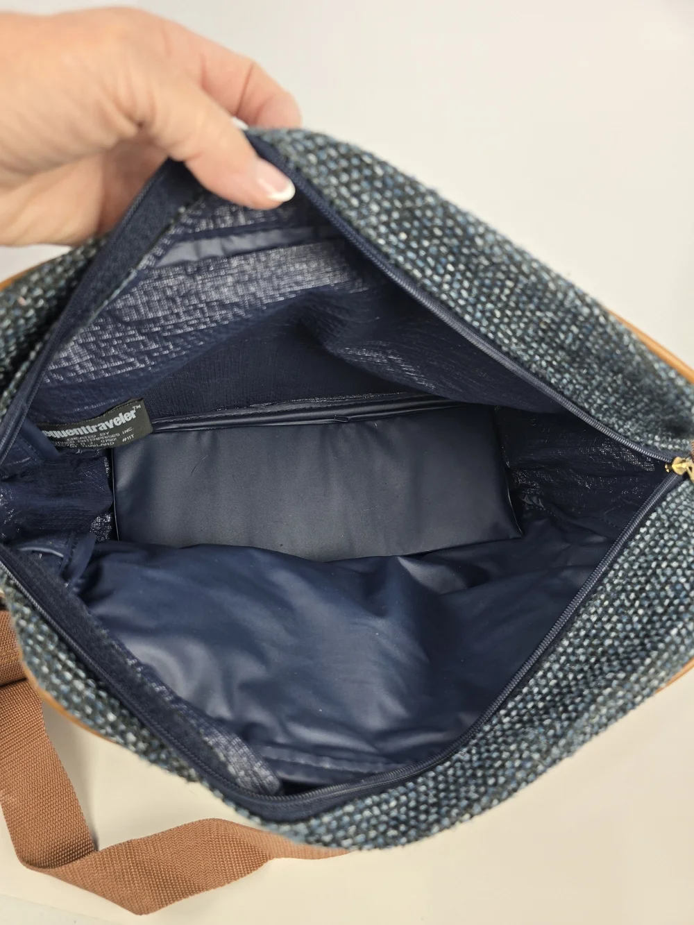 Men's Navy Woven Frequent Traveler Crossbody Bag with Tan Trim
